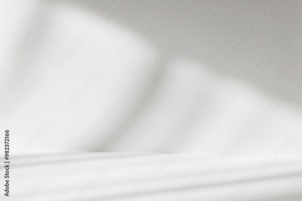 Poster Abstract white studio background with shadows of window. Empty 3d room. Display product with blurred backdrop.