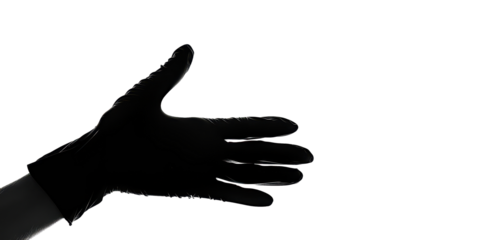 A hand is shown in a black glove, with the thumb pointing to the camera