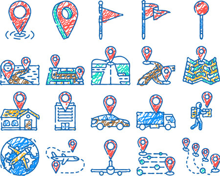 location pin map place point doodle icons set vector. sketch line art mark road, travel gps, position marker, web button, geo tag, red location pin map place point color illustrations