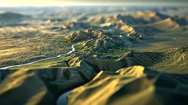 A sophisticated 3D GIS terrain map, emphasizing the contrast between lowlands and mountain ranges, with precise elevation data