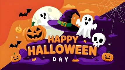 Happy Halloween day poster or banner template. Halloween big moon, pumpkin ghost, wizard hat, cute ghost, cartoon skull, spider web and realistic 3d design plastic style halloween elements.