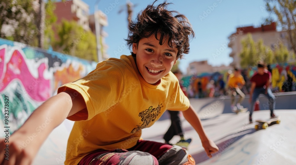 Sticker A young boy riding a skateboard down the side of an outdoor ramp, AI