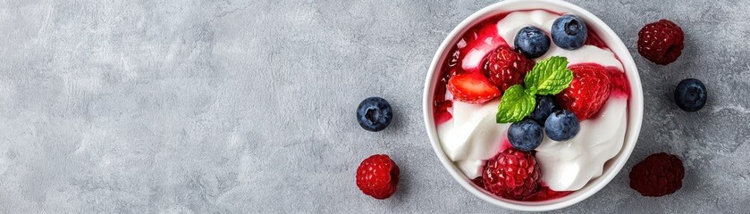 Delicious bowl of yogurt topped with fresh strawberries, blueberries, raspberries, and mint on a gray stone background.