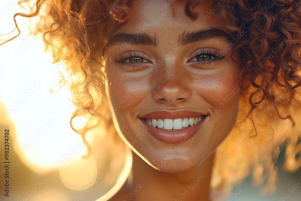 Sticker A woman with curly hair smiling at the camera