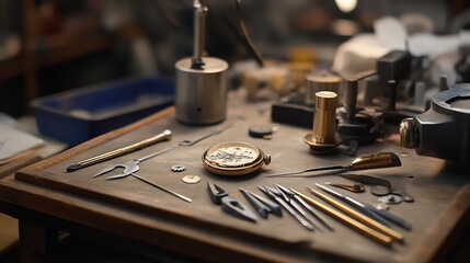 A watchmaker's workbench with tools and a disassembled watch.