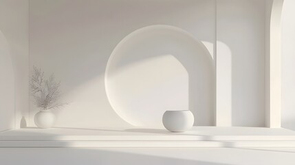 Minimalist White Room with Arch and Podium.