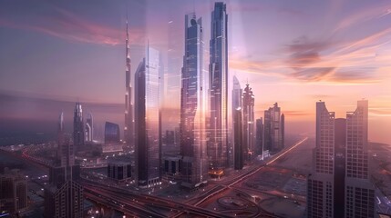 Fototapeta premium Futuristic Cityscape With Distinctive Modern Skyscrapers Against Dramatic Sunset Backdrop