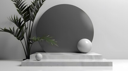 Minimalist Product Display with White Marble Platform and Palm Leaf.