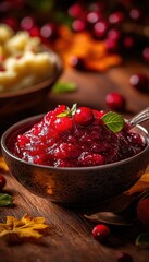 Homemade cranberry sauce in a bowl, garnished with mint leaves, fresh cranberries, and autumn-themed decor in the background.
