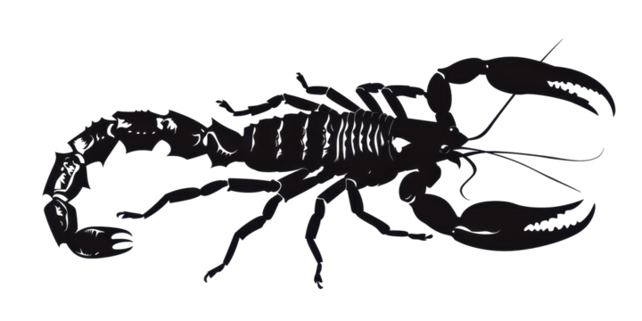 A black and white drawing of a scorpion