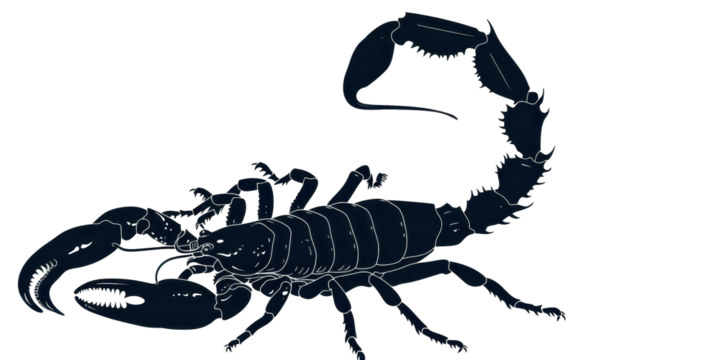 A black scorpion is shown in a white background
