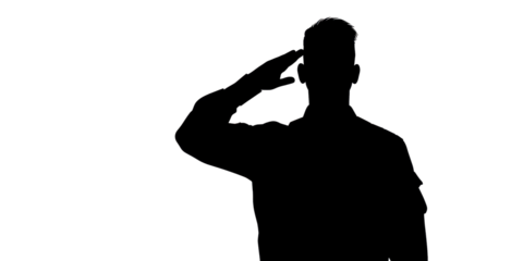 A man salutes in a black and white photo