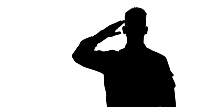 A man salutes in a black and white photo