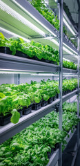 Fototapeta premium Vertical farming system with stacked shelves of green leafy vegetables inside a modern hydroponic facility, illuminated with LED lights. The plants are arranged neatly, offering a futuristic vibe.