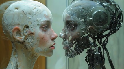 This captivating half-robot hybrid image signals the convergence of technology and humanity, blending human skin and metallic heads into a surreal tableau.