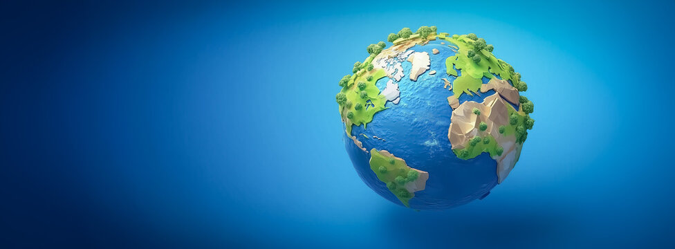 A vibrant 3D isometric illustration of a globe with natural elements and cityscapes, showing a stylized version of Earth. The green and blue tones are complemented by clouds and buildings for a balanc