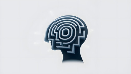 Maze of reason and psychology concept with man head with labyrinth on light grey background isolated with white highlights, png