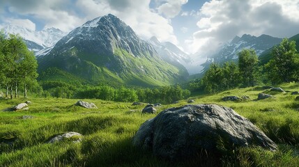 Fototapeta premium Picturesque alpine valley with large stones and mountains in the clouds, Austria