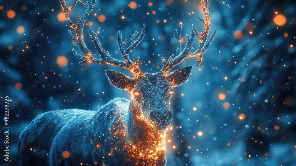 Poster a magical deer illuminated by glowing lights in a snowy forest, creating an enchanting winter wonder