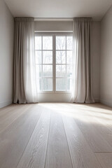 Obraz premium Bright interior room with large windows and soft curtains in a minimalist design showcasing natural light