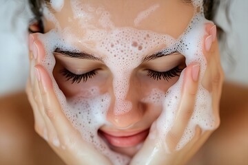 Woman Cleansing Face with Foaming Face Wash – Skincare Routine