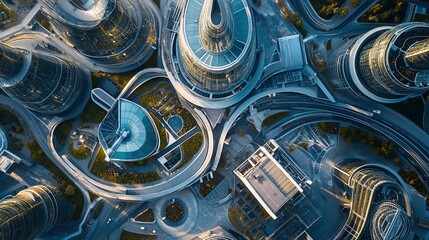 Aerial view of a modern urban landscape featuring intricate architecture and pathways.