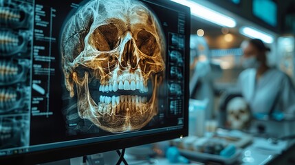 Obraz premium The historical narrative of an ancient skull unveils in a lab setting, its age and structure studied through modern computerized technology.