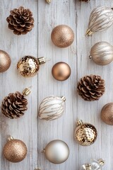 Christmas ornaments and pine cones lying on white wood background