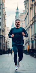 Fototapeta premium male athlete runs in the city. AI generative.