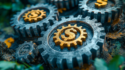 This image shows the concept of a money making machine with interlocking metal gears