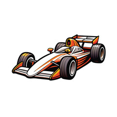 A cartoon illustration of a red and white race car, with a yellow stripe and black wheels, on a white background.