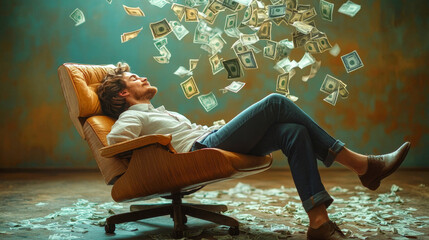 Relaxed young entrepreneur is lounging in his chair as money rains down from above