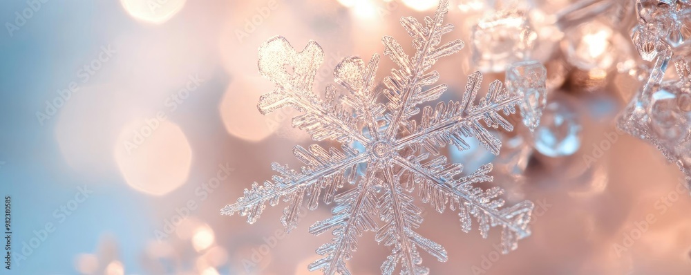 Poster A close-up of an intricate snowflake with delicate patterns, glistening against a soft, blurred background of winter hues.