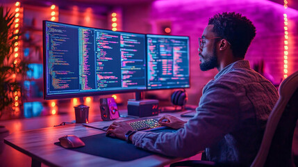 Software developer working on computer late into the night