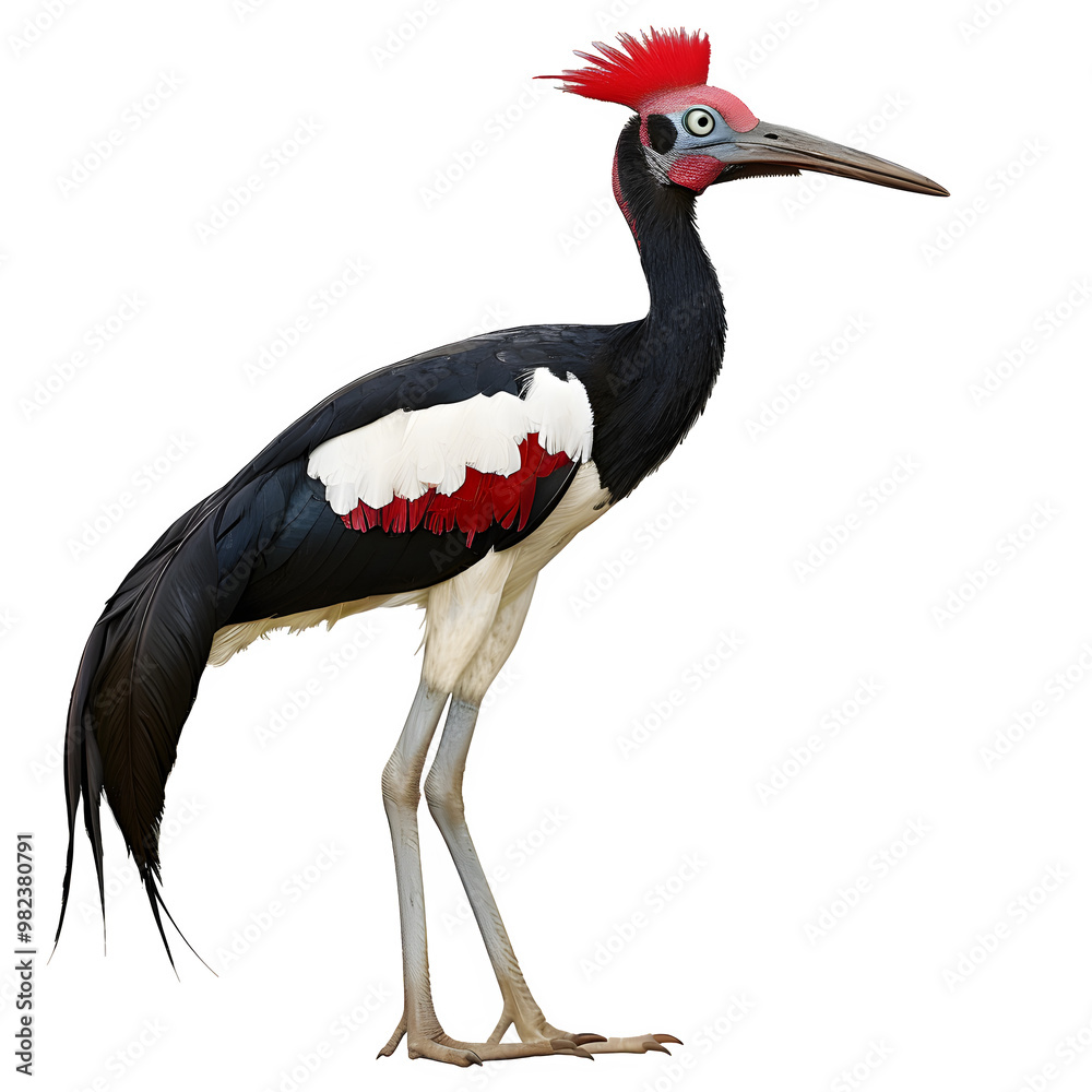 Poster striking black and white bird with a vibrant red crest and long beak standing against a transparent 