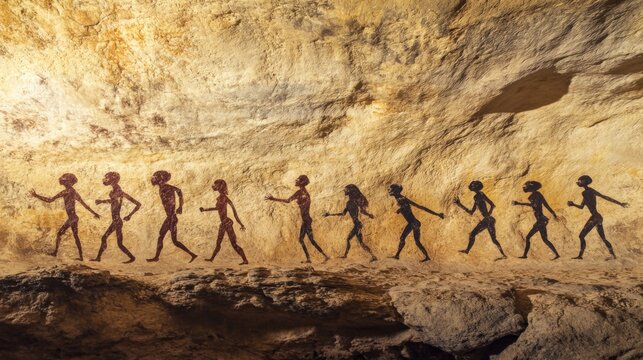 A line of cave paintings depicting stick figures walking.
