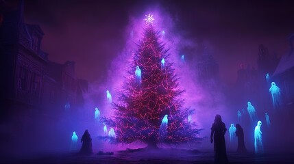 Haunted Christmas tree glowing with neon lights, ghostly figures circling in a misty glow, eerie yet vibrant, Creepy neon ghostly Christmas