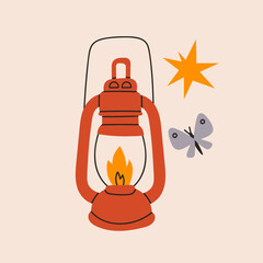 Gas lantern, butterfly, star. Hand drawn modern Vector illustration. Isolated design element. Trekking, travel, tourism, camping, hiking concept. Icon, logo, poster, sticker, print, design template