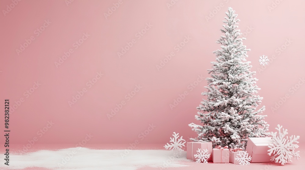 Wall mural A stylish minimalist holiday background Christmas tree and a few snowflakes scattered around