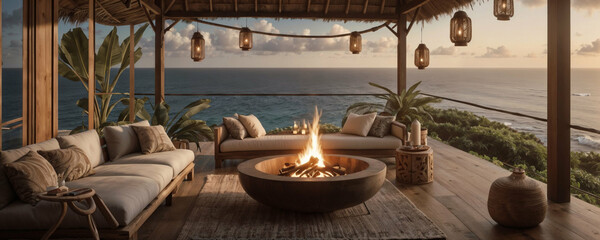 Fototapeta premium Envision a beautiful patio complete with a cozy fire pit while offering a stunning view of the expansive ocean ahead, perfect for relaxation