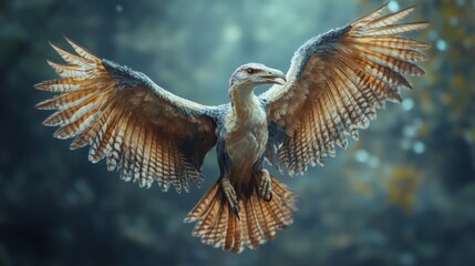 A mythical bird with large wings and a long beak, soaring through a lush forest.