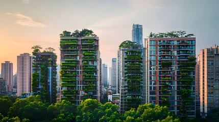 Fototapeta premium Towering Eco Friendly Skyscrapers with Rooftop Gardens Blend Nature and Urban Landscapes