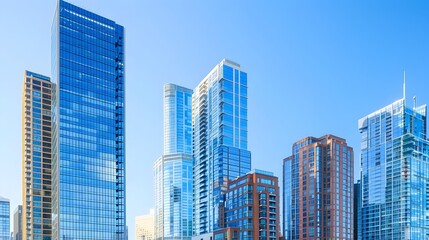 Fototapeta premium Iconic Tall Buildings Reaching High in a Vibrant City Skyline Under a Clear Blue Sky