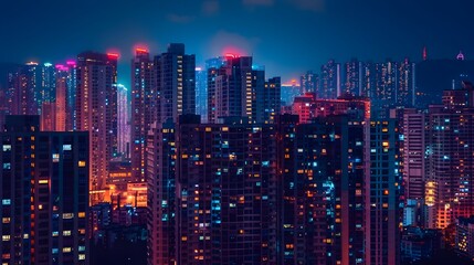 Fototapeta premium Vibrant Cityscape Illuminated by Colorful Lights at Night