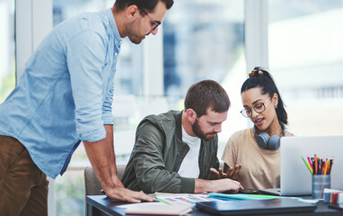 Business people, discussion and teamwork in web design, brainstorming document or office strategy....