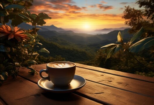 coffee cup on wood table in the mountains with sunset background