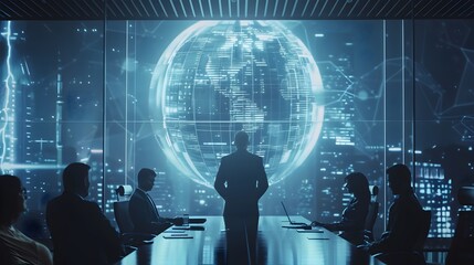 Business Leader Presenting Futuristic Strategy to Team in High Tech Conference Room