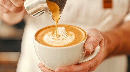 A barista skillfully pouring steamed milk into a cup of coffee, creating a beautiful latte art design.