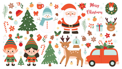 Cute Christmas symbols and elements set. Vector illustration, flat style
