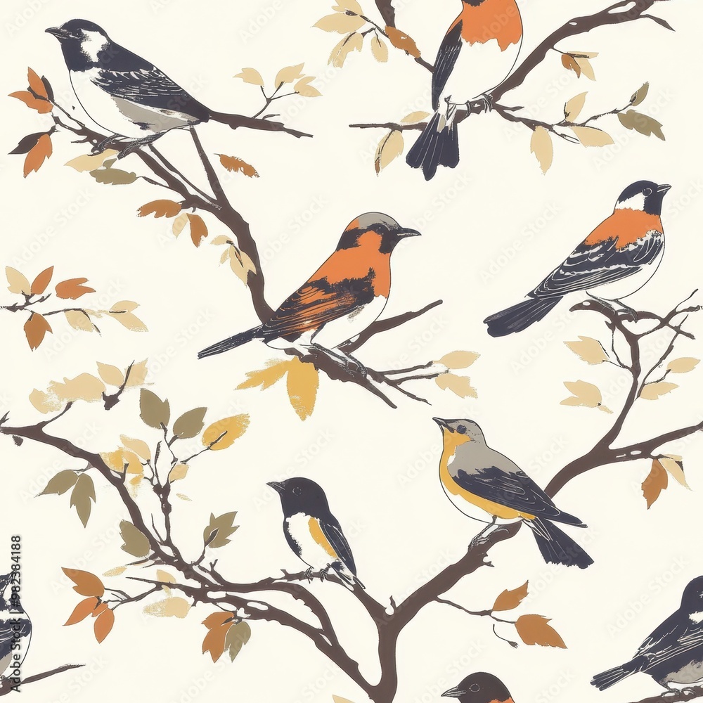 Sticker Autumnal Birds and Foliage Pattern Wallpaper Design